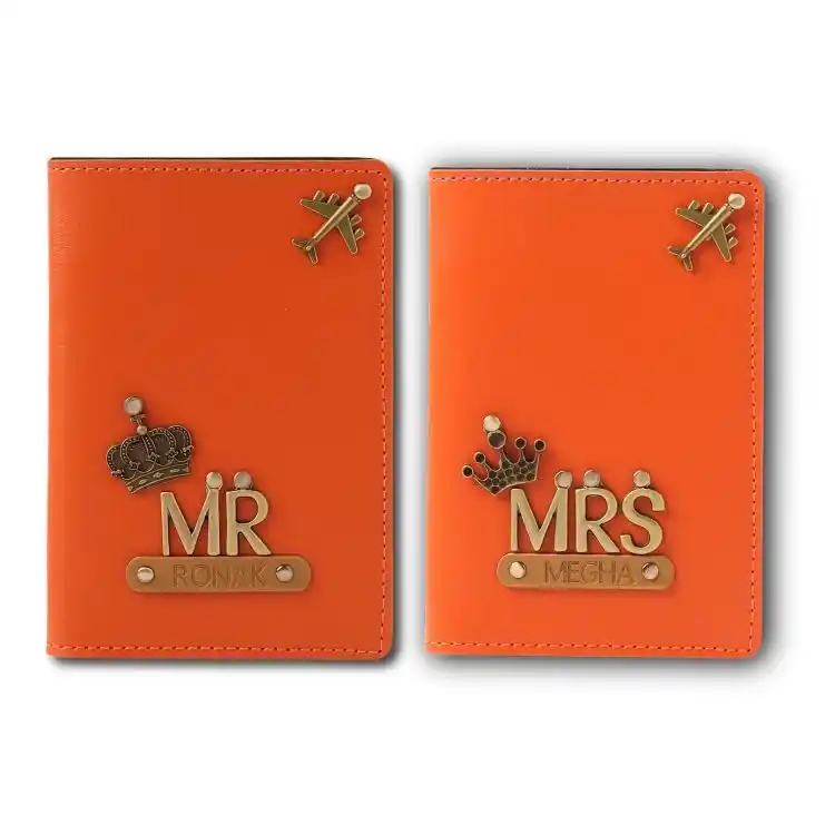 Buy Orange Personalized Mr and Mrs Passport Cover Combo
